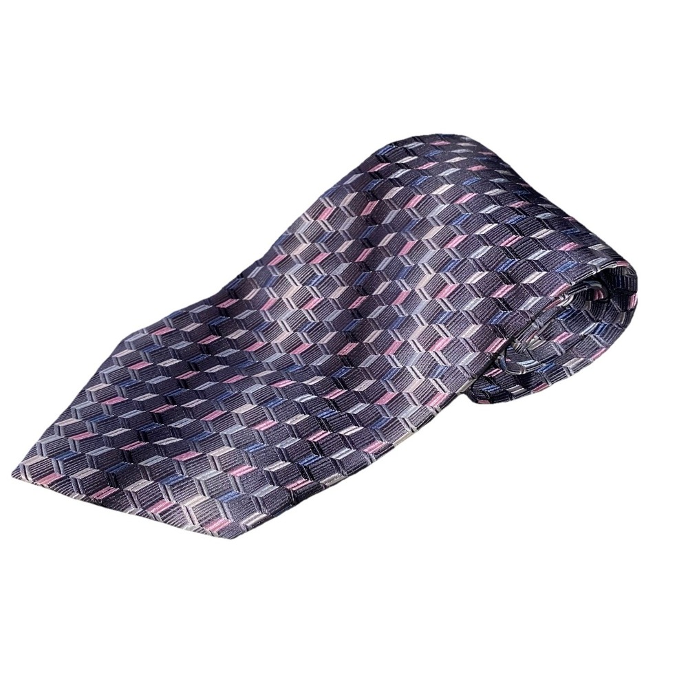 Roberto Villini Mens 100% Silk Necktie Geometric‎ Tie Gray/Pink/Blue 58"x3.75"